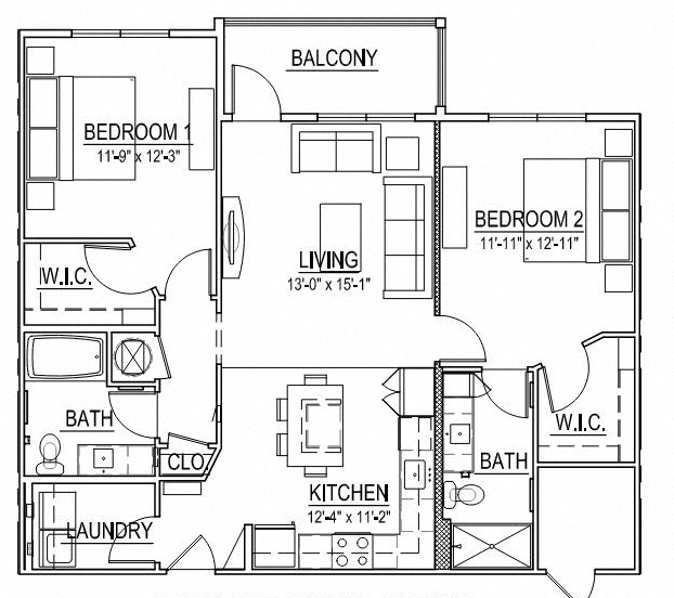 Floor plan for 2 beds, 2 baths, 1190 sqft